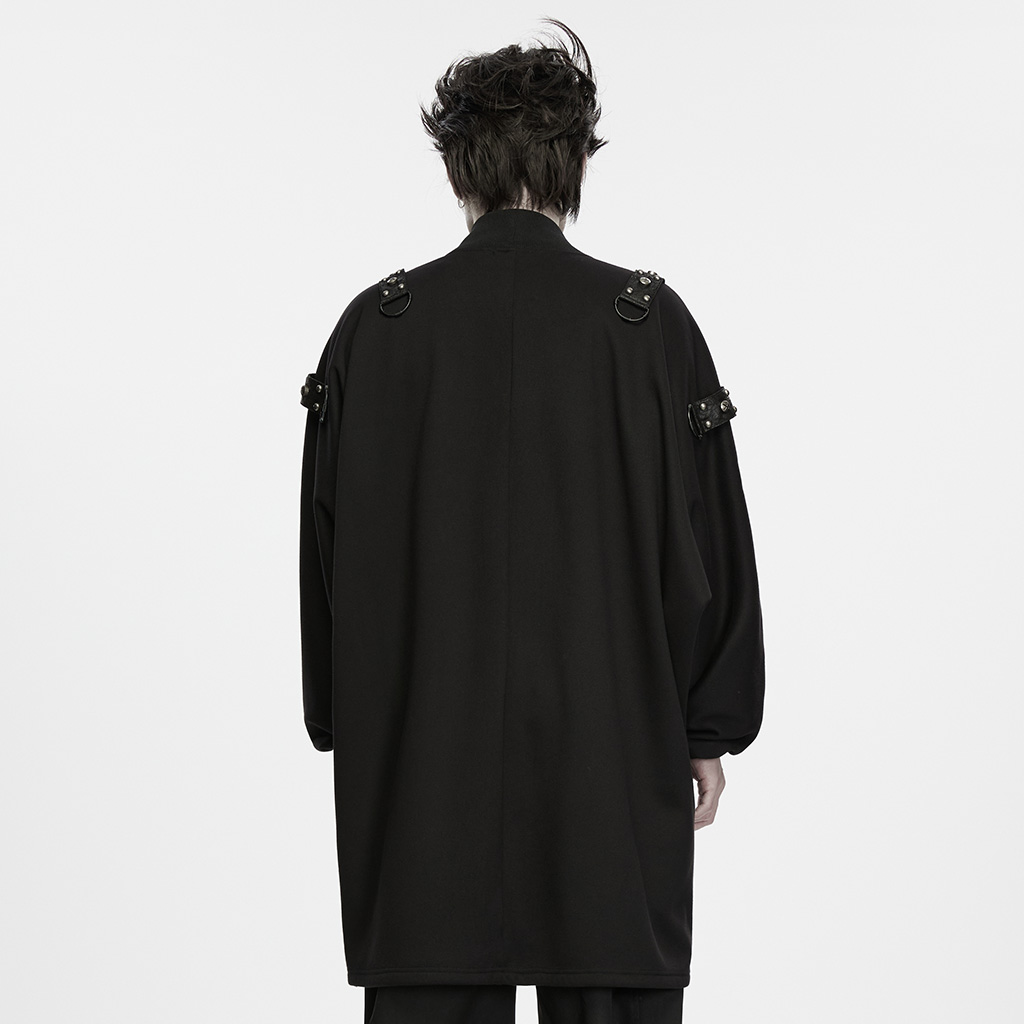 Back view of the Punk Dark Buckled Long Cardigan highlighting the relaxed silhouette and ribbed knit details