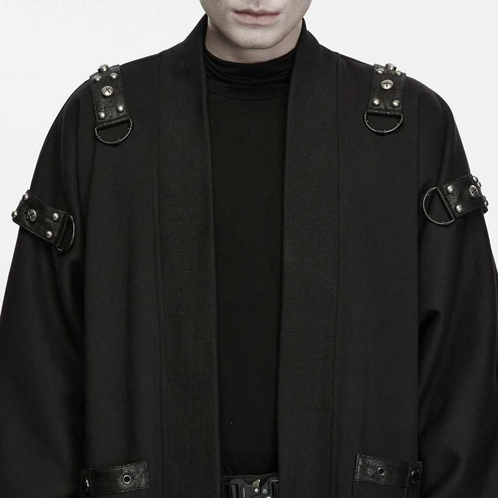 Close-up model view of the Punk Rave Punk Dark Buckled Long Cardigan (WY-2060ZCM), highlighting the rich brushed fabric texture, studded rubberized shoulder epaulets, and industrial pocket hardware