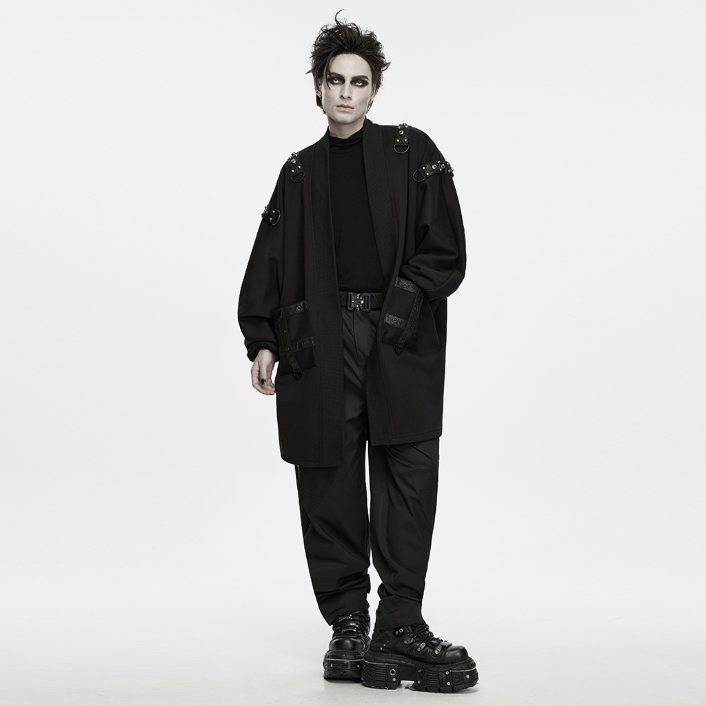 Fully styled model view wearing the Punk Rave Punk Dark Buckled Long Cardigan (WY-2060ZCM), showcasing a complete dark punk alternative outfit with sweeping lantern sleeves, studded rubberized shoulder epaulets, and industrial hardware pocket details