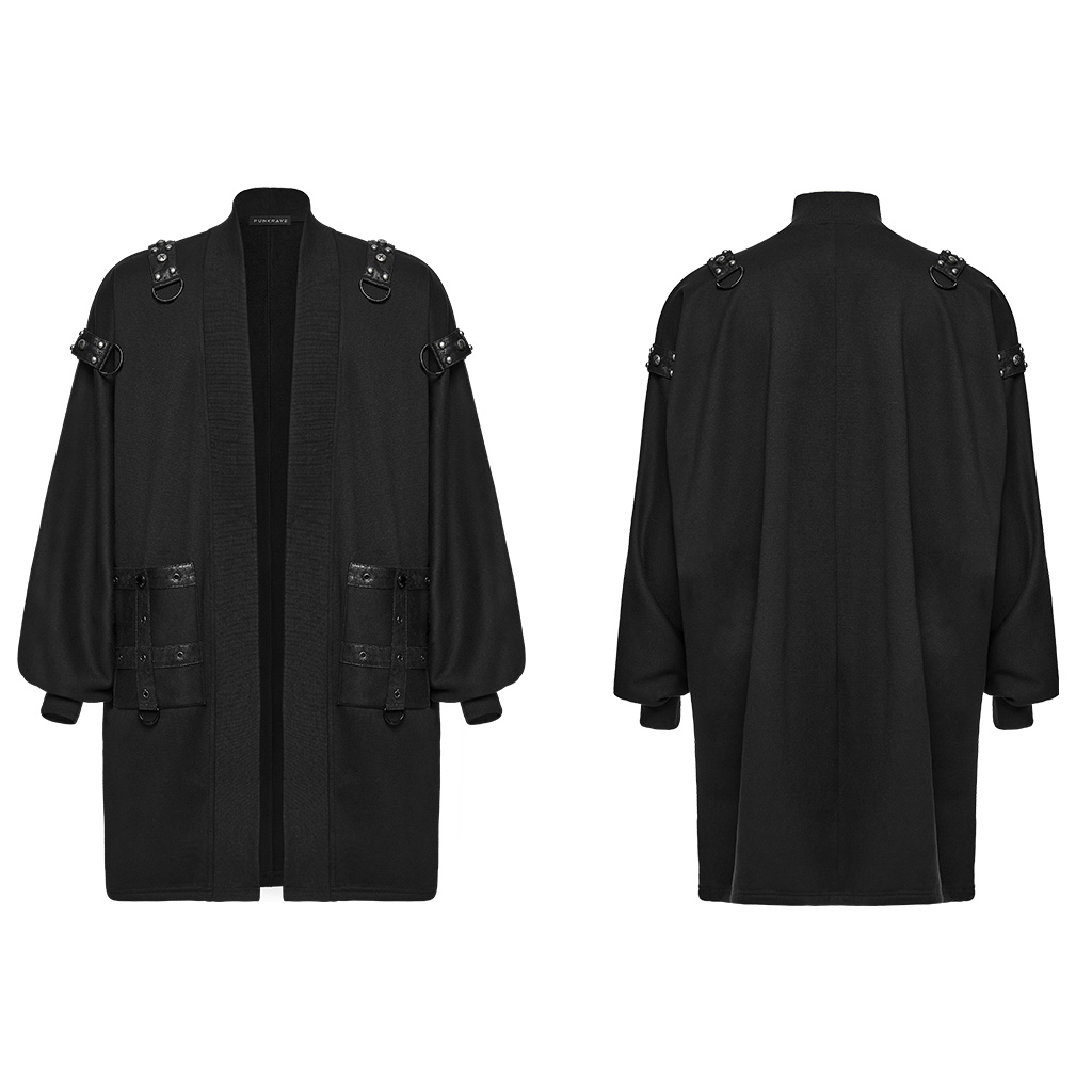 Front and back display views of the Punk Rave Punk Dark Buckled Long Cardigan (WY-2060ZCM), highlighting the sweeping long silhouette, drop-shoulder cut, lantern sleeves with fitted cuffs, and studded rubberized shoulder epaulets