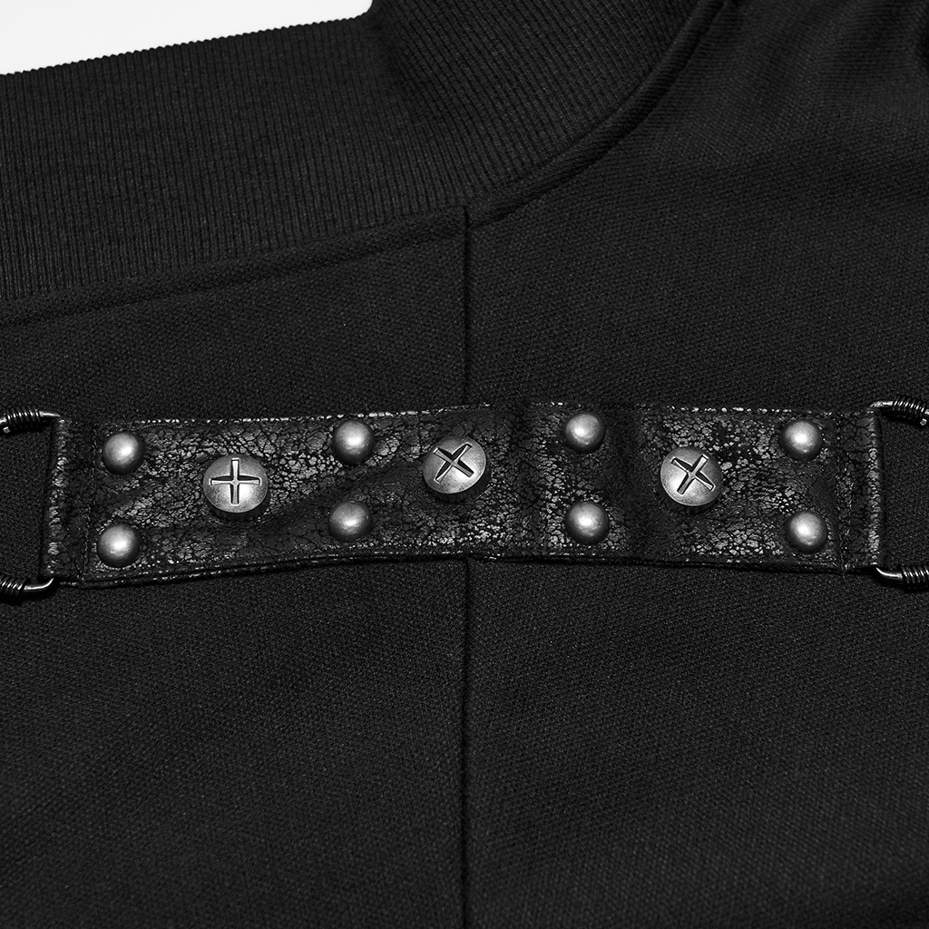 Close-up detail view of the Punk Rave Punk Dark Buckled Long Cardigan (WY-2060ZCM), highlighting the studded rubberized shoulder epaulets, industrial metal hardware accents, and deep pocket straps