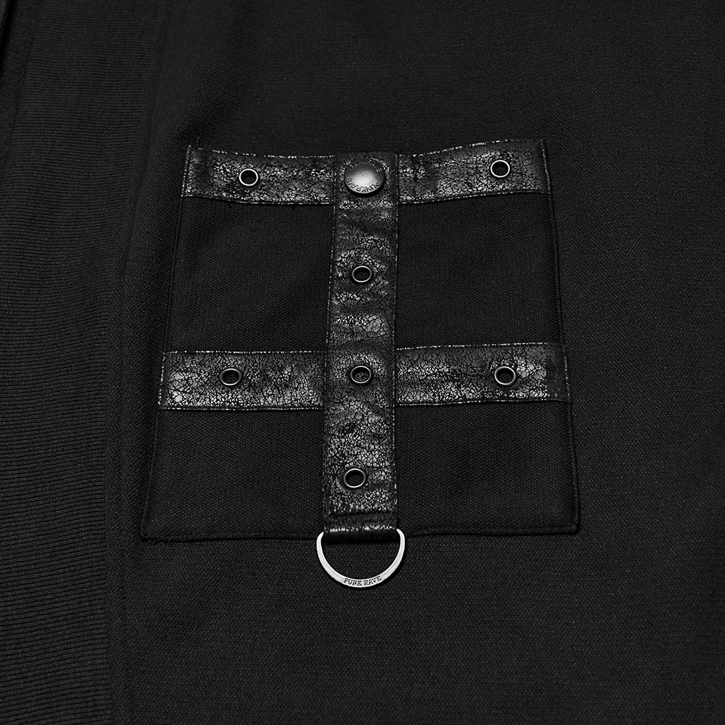 Close-up view of the Punk Rave Punk Dark Buckled Long Cardigan (WY-2060ZCM), highlighting the rich brushed fabric texture, fine ribbed knit details, and industrial metal hardware