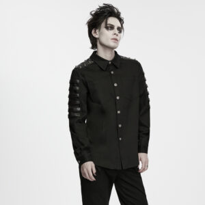 Main product photo of the Punk Rave Button-Up Strapped-Sleeve Cargo Shirt , showcasing the durable black cotton twill build, symmetrical chest pockets, vintage metal buttons, and layered sleeve harness straps