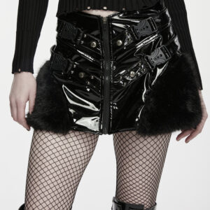 Punk Patent Leather Skirt with high-gloss finish, plush trim, and front buckle straps