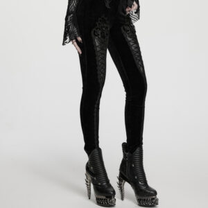 Main product cover photo of the Punk Rave Gothic Lace-Front Designed Leggings in Black, showcasing the high-elastic embossed velvet fabric, front corset-style drawstring lacing, and leg-elongating vertical lace trim