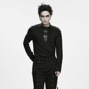 Front view of model wearing the Punk Metal Trimmed Long Sleeve featuring studded faux-leather shoulders and high-neck zip closure