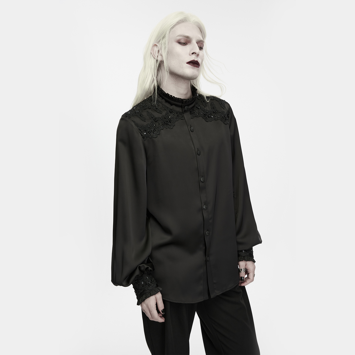 Gothic Aristocrat Lace-Appliqué Satin Shirt