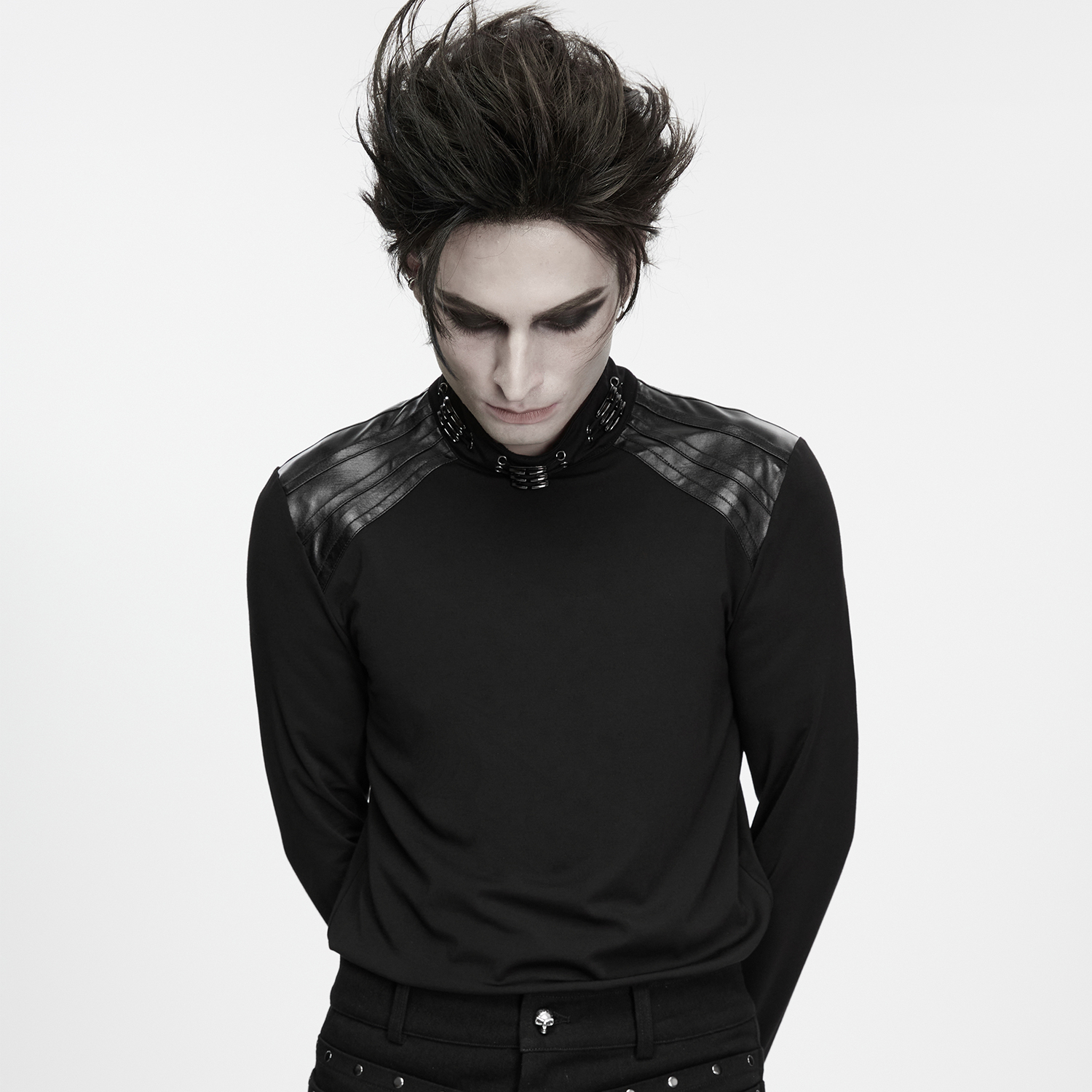 Punk Faux-Leather Shoulder Long-Sleeve Shirt