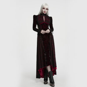 Main Photo of a model styled in the WQ-1004LQF Gothic Vintage Victorian Dress, demonstrating the complete dark romantic aesthetic with the sweeping multi-layered velvet skirt elegantly draped