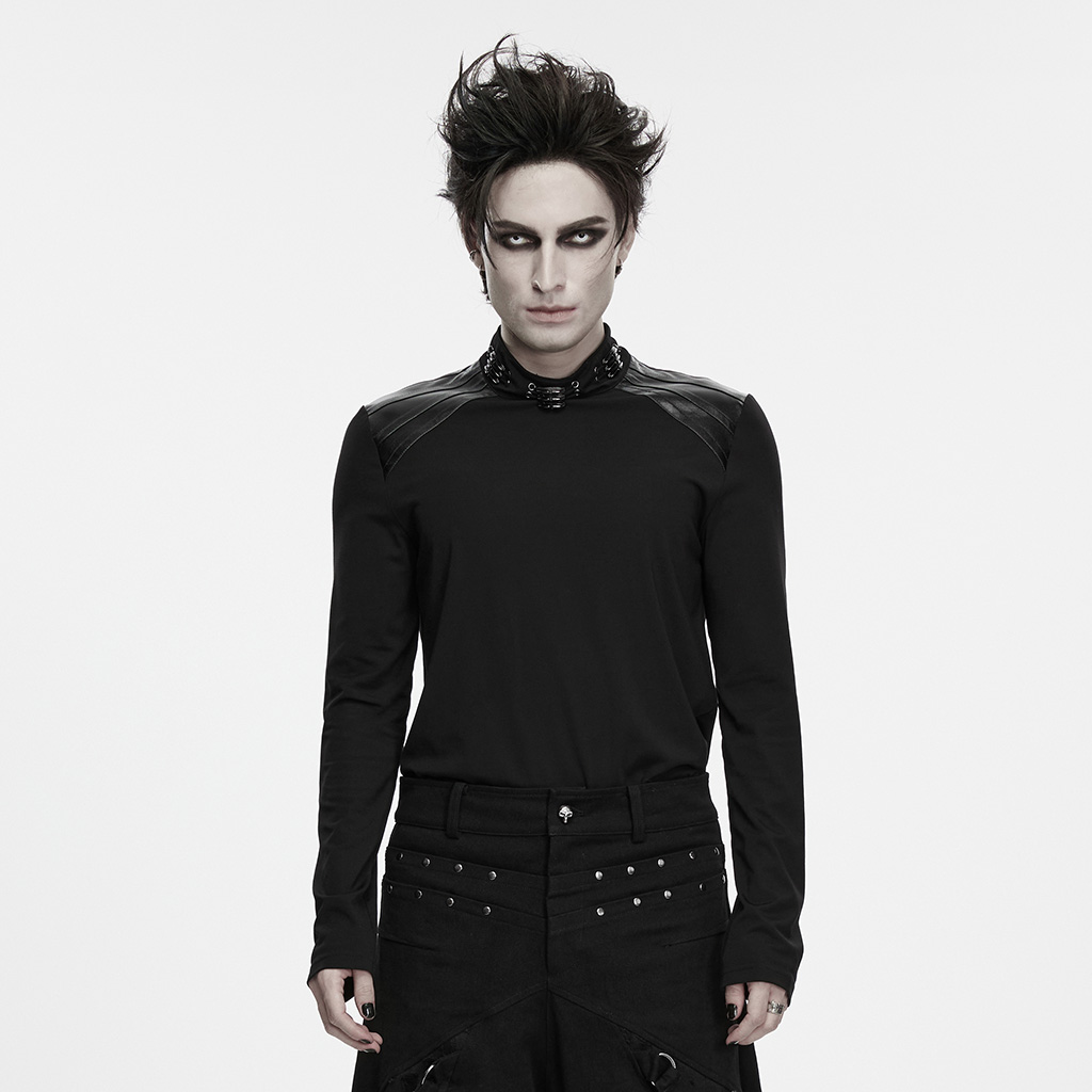 Punk Faux-Leather Shoulder Long-Sleeve Shirt - Image 2
