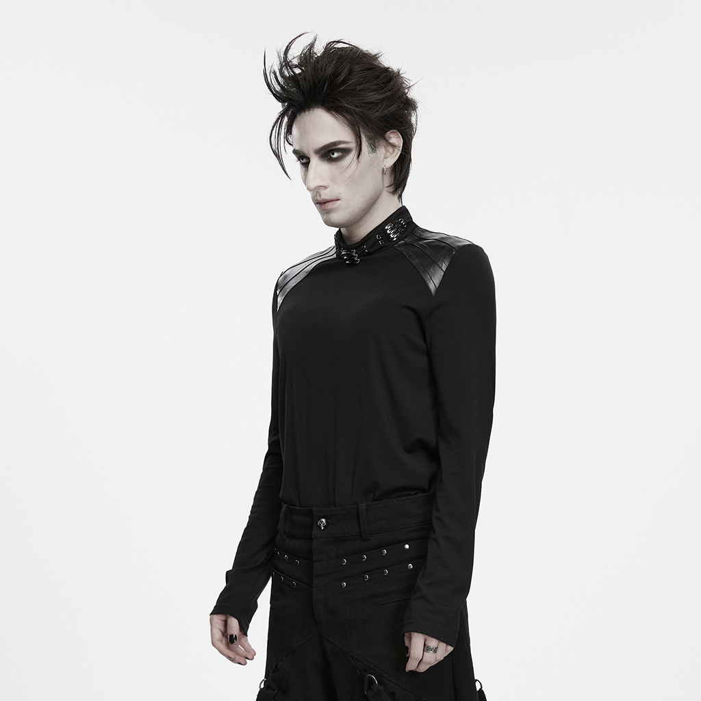 Punk Faux-Leather Shoulder Long-Sleeve Shirt - Image 3