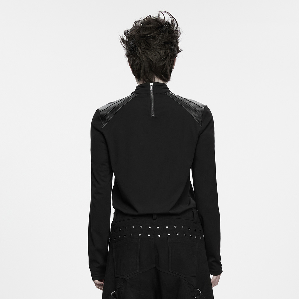 Punk Faux-Leather Shoulder Long-Sleeve Shirt - Image 4
