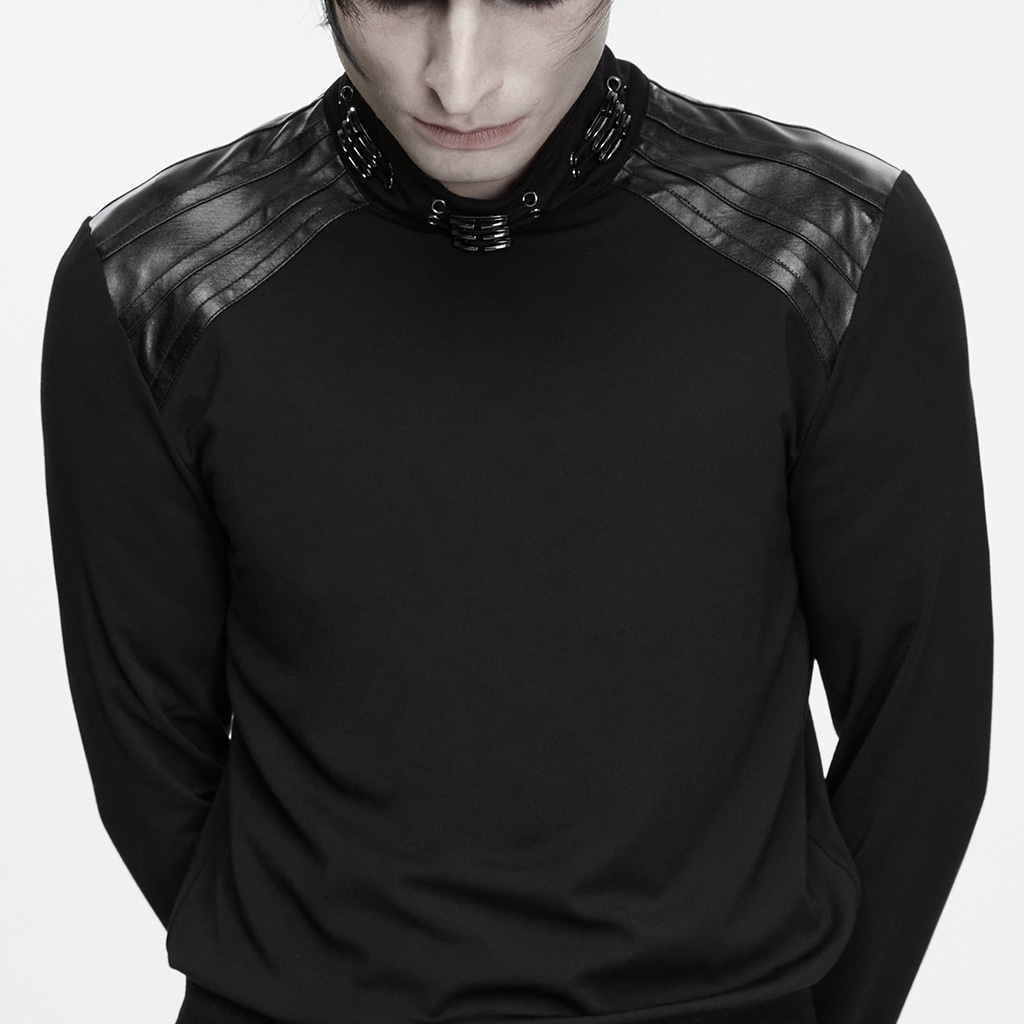 Punk Faux-Leather Shoulder Long-Sleeve Shirt - Image 5
