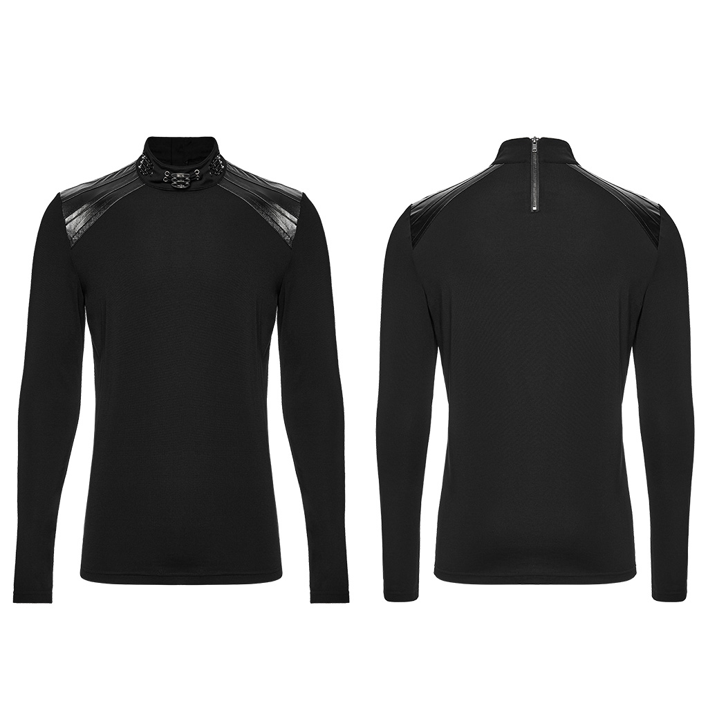 Punk Faux-Leather Shoulder Long-Sleeve Shirt - Image 7