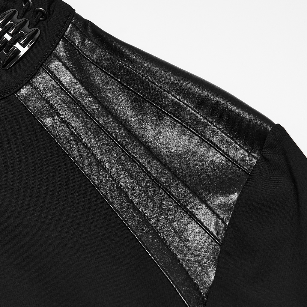 Punk Faux-Leather Shoulder Long-Sleeve Shirt - Image 9