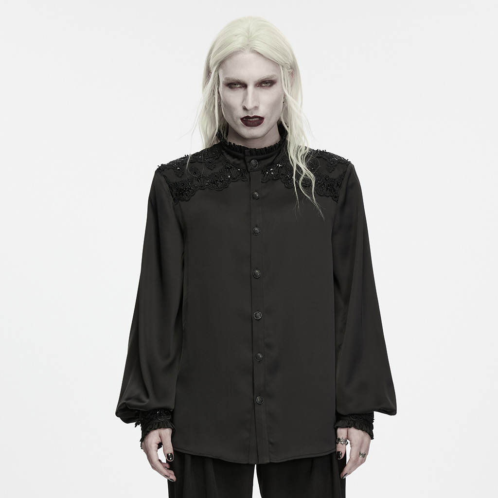 Gothic Aristocrat Lace-Appliqué Satin Shirt - Image 2