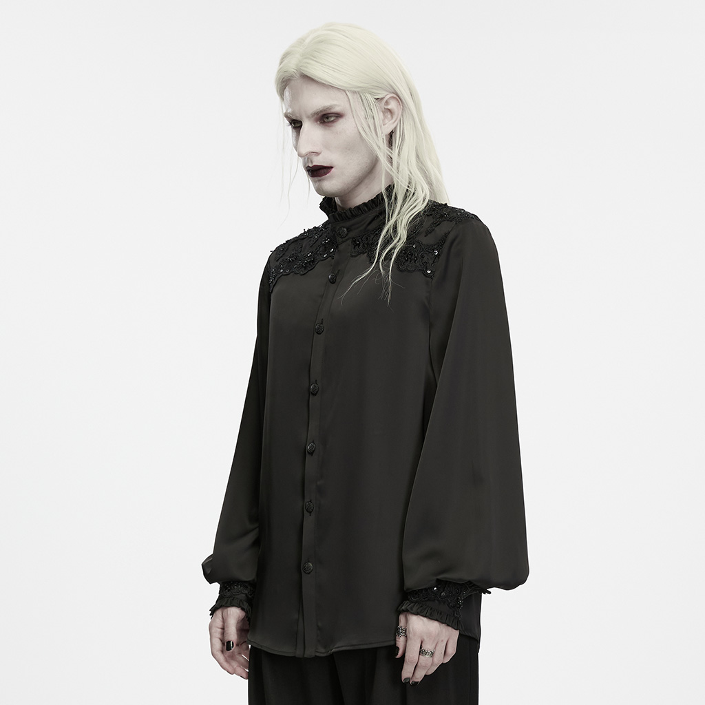 Gothic Aristocrat Lace-Appliqué Satin Shirt - Image 3