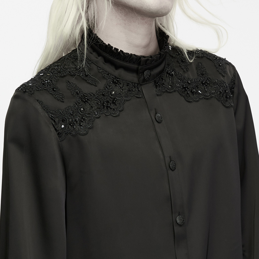 Gothic Aristocrat Lace-Appliqué Satin Shirt - Image 5