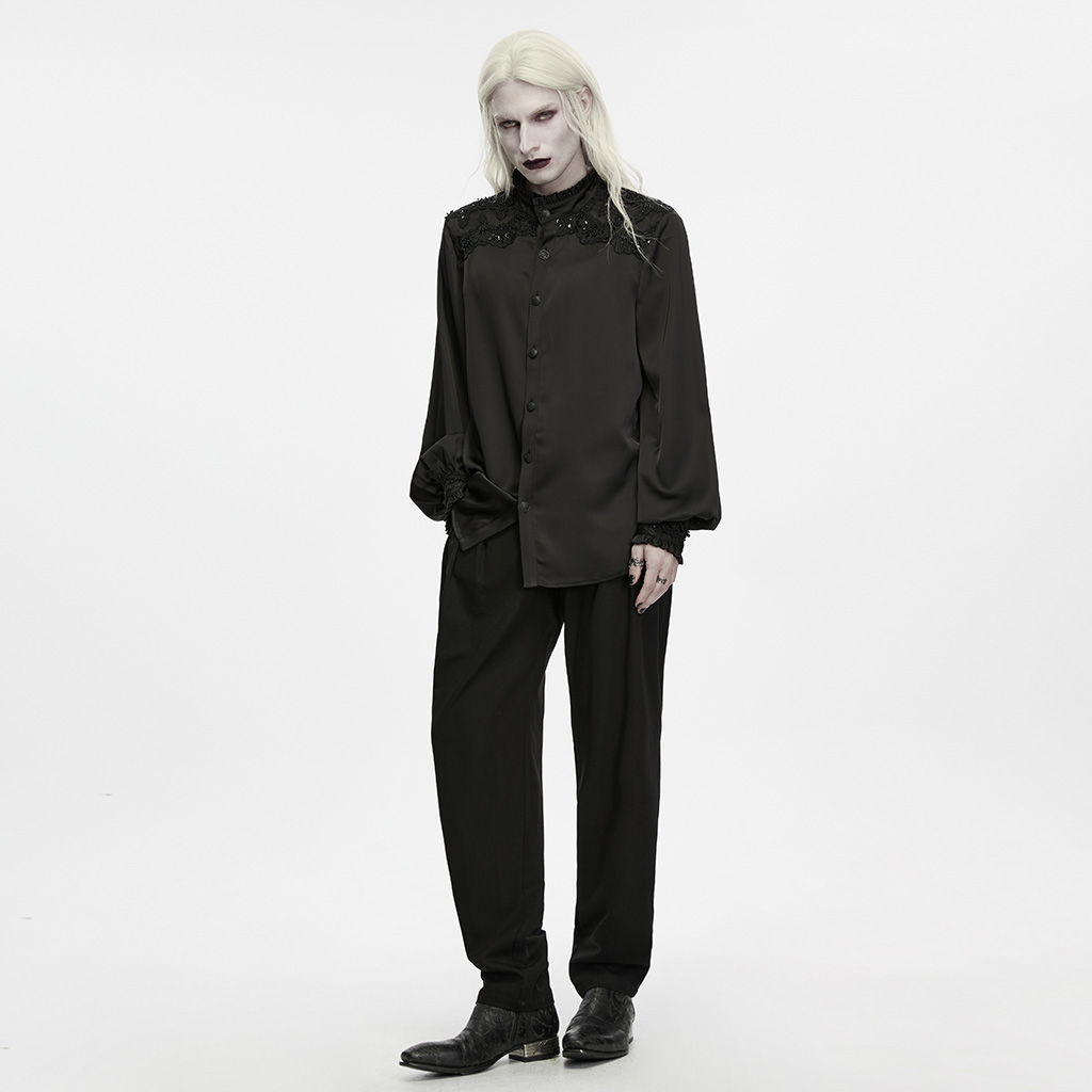 Gothic Aristocrat Lace-Appliqué Satin Shirt - Image 6